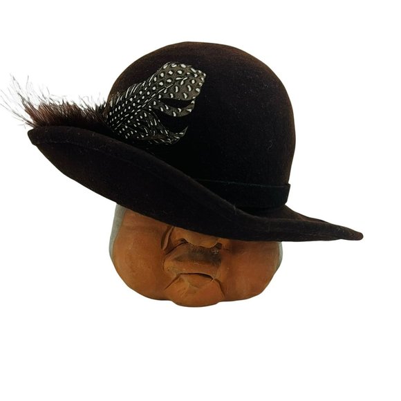 Vintage Geo W Bollman Lords Chocolate Doeskin Felt Wool Hat Feather - Picture 1 of 8